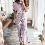 hulianfu Women Summer Elegant Button Ruched Bandage Shirt Dress Fashion Casual Short Sleeve Solid V Neck Beach Maxi Dress