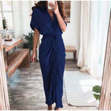 hulianfu Women Summer Elegant Button Ruched Bandage Shirt Dress Fashion Casual Short Sleeve Solid V Neck Beach Maxi Dress