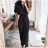 hulianfu Women Summer Elegant Button Ruched Bandage Shirt Dress Fashion Casual Short Sleeve Solid V Neck Beach Maxi Dress