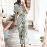 hulianfu Women Summer Elegant Button Ruched Bandage Shirt Dress Fashion Casual Short Sleeve Solid V Neck Beach Maxi Dress
