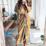 hulianfu Women Summer Elegant Button Ruched Bandage Shirt Dress Fashion Casual Short Sleeve Solid V Neck Beach Maxi Dress
