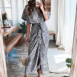 hulianfu Women Summer Elegant Button Ruched Bandage Shirt Dress Fashion Casual Short Sleeve Solid V Neck Beach Maxi Dress