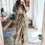 hulianfu Women Summer Elegant Button Ruched Bandage Shirt Dress Fashion Casual Short Sleeve Solid V Neck Beach Maxi Dress