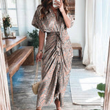 hulianfu Women Summer Elegant Button Ruched Bandage Shirt Dress Fashion Casual Short Sleeve Solid V Neck Beach Maxi Dress