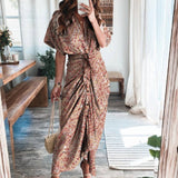 hulianfu Women Summer Elegant Button Ruched Bandage Shirt Dress Fashion Casual Short Sleeve Solid V Neck Beach Maxi Dress