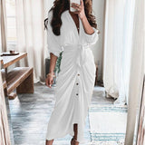 hulianfu Women Summer Elegant Button Ruched Bandage Shirt Dress Fashion Casual Short Sleeve Solid V Neck Beach Maxi Dress