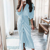 hulianfu Women Summer Elegant Button Ruched Bandage Shirt Dress Fashion Casual Short Sleeve Solid V Neck Beach Maxi Dress