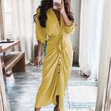 hulianfu Women Summer Elegant Button Ruched Bandage Shirt Dress Fashion Casual Short Sleeve Solid V Neck Beach Maxi Dress