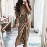 hulianfu Women Summer Elegant Button Ruched Bandage Shirt Dress Fashion Casual Short Sleeve Solid V Neck Beach Maxi Dress