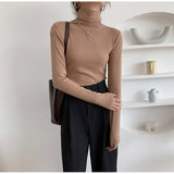 Autumn Women Pullover Tops Female Knitted Sweaters Solid Concise Turtleneck Elasticity Elegant Office Lady Casual All Match
