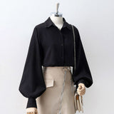 hulianfu Lantern Sleeves Vintage Shirts Women Elegant White Womens Blouse with Lush Sleeves Fashion Button Up Shirt Black