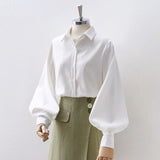 hulianfu Lantern Sleeves Vintage Shirts Women Elegant White Womens Blouse with Lush Sleeves Fashion Button Up Shirt Black