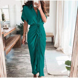 hulianfu Women Summer Elegant Button Ruched Bandage Shirt Dress Fashion Casual Short Sleeve Solid V Neck Beach Maxi Dress
