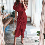hulianfu Women Summer Elegant Button Ruched Bandage Shirt Dress Fashion Casual Short Sleeve Solid V Neck Beach Maxi Dress