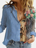 hulianfu  Fashion Retro Portrait Floral Print Women Shirt  Autumn Stitching Button Long Sleeve Cotton Linen Blouses Casual Street Lady Top