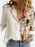 hulianfu  Fashion Retro Portrait Floral Print Women Shirt  Autumn Stitching Button Long Sleeve Cotton Linen Blouses Casual Street Lady Top