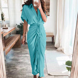 hulianfu Women Summer Elegant Button Ruched Bandage Shirt Dress Fashion Casual Short Sleeve Solid V Neck Beach Maxi Dress