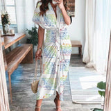 hulianfu Women Summer Elegant Button Ruched Bandage Shirt Dress Fashion Casual Short Sleeve Solid V Neck Beach Maxi Dress