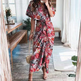 hulianfu Women Summer Elegant Button Ruched Bandage Shirt Dress Fashion Casual Short Sleeve Solid V Neck Beach Maxi Dress