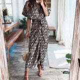 hulianfu Women Summer Elegant Button Ruched Bandage Shirt Dress Fashion Casual Short Sleeve Solid V Neck Beach Maxi Dress