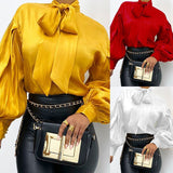 hulianfu Lugentolo Lantern Sleeve Shirt Women Vintage Bow Tie Spring Loose Casual Solid Color Women Blouses