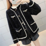 New Mink Cashmere Loose Sweater Cardigan Jacket Women Autumn and Winter Short Bright Silk Stripe Thickened Knitted Top Coat