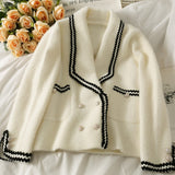 New Mink Cashmere Loose Sweater Cardigan Jacket Women Autumn and Winter Short Bright Silk Stripe Thickened Knitted Top Coat
