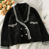 New Mink Cashmere Loose Sweater Cardigan Jacket Women Autumn and Winter Short Bright Silk Stripe Thickened Knitted Top Coat