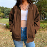 Brown Zip Up Hooded Sweatshirts Women Vintage Pockets Oversized Jacket Coat Autumn Female Y2K Aesthetic Long Sleeve Hoodie