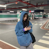 Brown Zip Up Hooded Sweatshirts Women Vintage Pockets Oversized Jacket Coat Autumn Female Y2K Aesthetic Long Sleeve Hoodie
