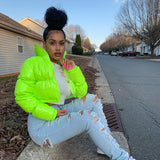 Hulianfu Y2K Neon Color Women's Down Jacket Long Sleeve Parka Stand Collar Winter Warm Coat Mirror Smooth Zipper Overcoat