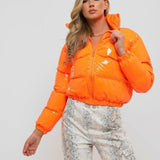 Hulianfu Y2K Neon Color Women's Down Jacket Long Sleeve Parka Stand Collar Winter Warm Coat Mirror Smooth Zipper Overcoat