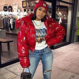 Hulianfu Y2K Neon Color Women's Down Jacket Long Sleeve Parka Stand Collar Winter Warm Coat Mirror Smooth Zipper Overcoat