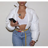 Hulianfu Y2K Neon Color Women's Down Jacket Long Sleeve Parka Stand Collar Winter Warm Coat Mirror Smooth Zipper Overcoat