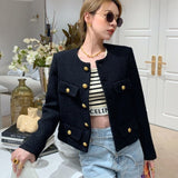 Hulianfu Small Fragrance Women Black Tweed Outerwear Autumn Winter Golden Button Blends Wool Female Long Sleeve Jacket Coat