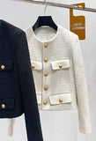 Hulianfu Small Fragrance Women Black Tweed Outerwear Autumn Winter Golden Button Blends Wool Female Long Sleeve Jacket Coat