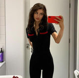 hulianfu hulianfu Green Zipper Velvet Jumpsuits For Women Sexy Short Sleeve Wide Legs Jumpsuit Autumn Femme Turn-down Collar Outfits