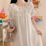 hulianfu Women Lolita Dress Princess Sleepwear White Lace Mesh Fairy Night Dress Victorian Vintage Nightgown Kawaii Nightdress Loungewear