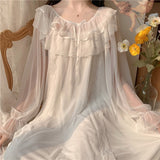 hulianfu Women Lolita Dress Princess Sleepwear White Lace Mesh Fairy Night Dress Victorian Vintage Nightgown Kawaii Nightdress Loungewear