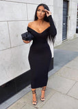 Hulianfu Women Autumn Solid Ribbed Maxi Knitted Dress V Neck Sexy Slim Elastic Basic Long Bodycon Dress Winter Off Shoulder White Dresses