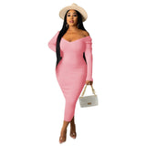 Hulianfu Women Autumn Solid Ribbed Maxi Knitted Dress V Neck Sexy Slim Elastic Basic Long Bodycon Dress Winter Off Shoulder White Dresses