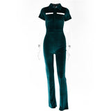 hulianfu hulianfu Green Zipper Velvet Jumpsuits For Women Sexy Short Sleeve Wide Legs Jumpsuit Autumn Femme Turn-down Collar Outfits