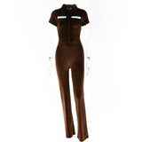 hulianfu hulianfu Green Zipper Velvet Jumpsuits For Women Sexy Short Sleeve Wide Legs Jumpsuit Autumn Femme Turn-down Collar Outfits