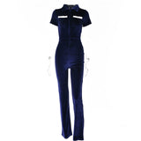 hulianfu hulianfu Green Zipper Velvet Jumpsuits For Women Sexy Short Sleeve Wide Legs Jumpsuit Autumn Femme Turn-down Collar Outfits