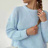 Hulianfu Women Solid Knitted Sweater Autumn Winter Casual Round Neck Long Sleeve Pullovers Female Loose Jumper Tops Oversized Sweaters