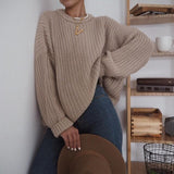 Hulianfu Women Solid Knitted Sweater Autumn Winter Casual Round Neck Long Sleeve Pullovers Female Loose Jumper Tops Oversized Sweaters