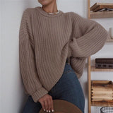 Hulianfu Women Solid Knitted Sweater Autumn Winter Casual Round Neck Long Sleeve Pullovers Female Loose Jumper Tops Oversized Sweaters