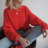 Hulianfu Women Solid Knitted Sweater Autumn Winter Casual Round Neck Long Sleeve Pullovers Female Loose Jumper Tops Oversized Sweaters