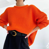 Hulianfu Women Solid Knitted Sweater Autumn Winter Casual Round Neck Long Sleeve Pullovers Female Loose Jumper Tops Oversized Sweaters
