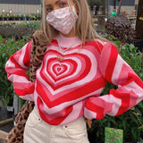 Hulianfu  Women Fashion Pink Love Heart Print Sweater Female Casual Loose Long Sleeve O-neck Knitted Pullover for Autumn Winter